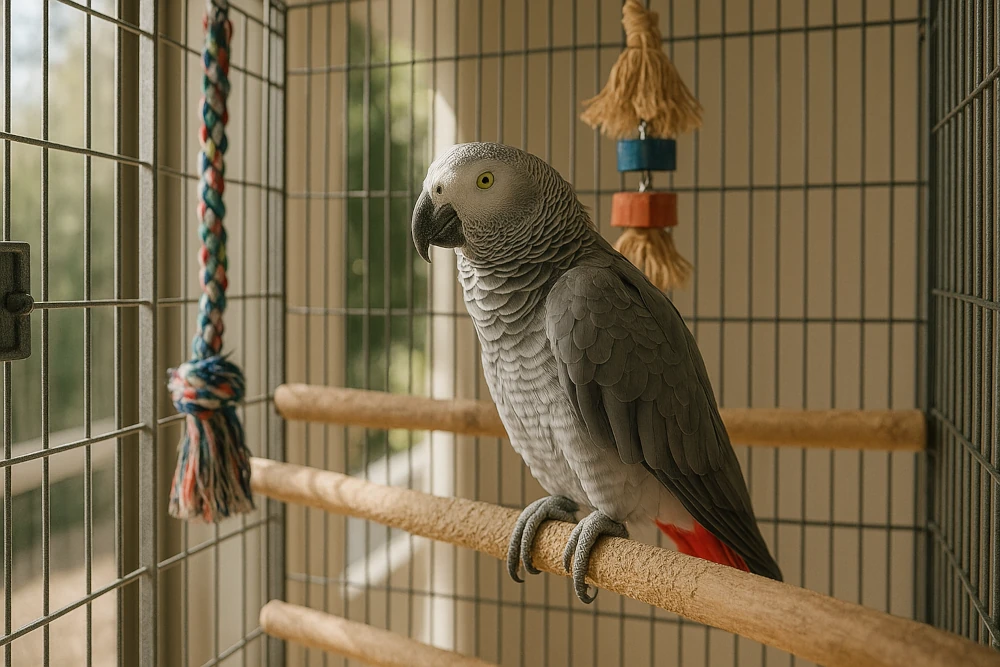African Grey parrot in a well-designed indoor cage showing proper bird care.