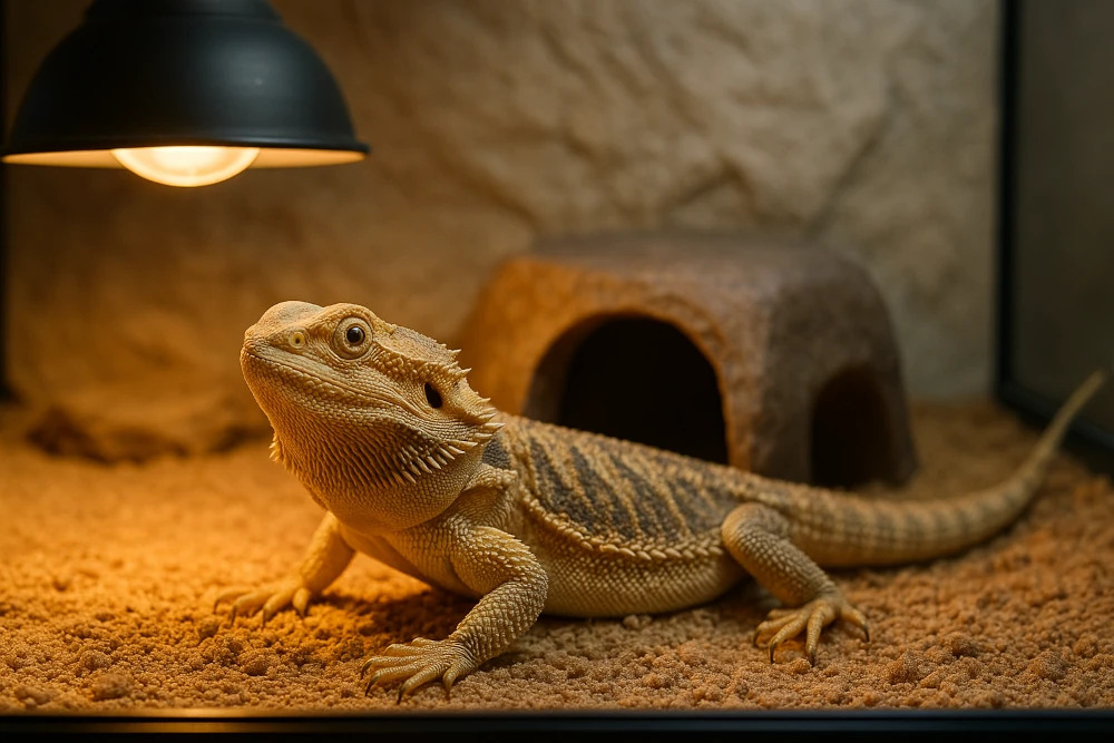 Reptile care essentials. Bearded dragon in a properly heated terrarium.
